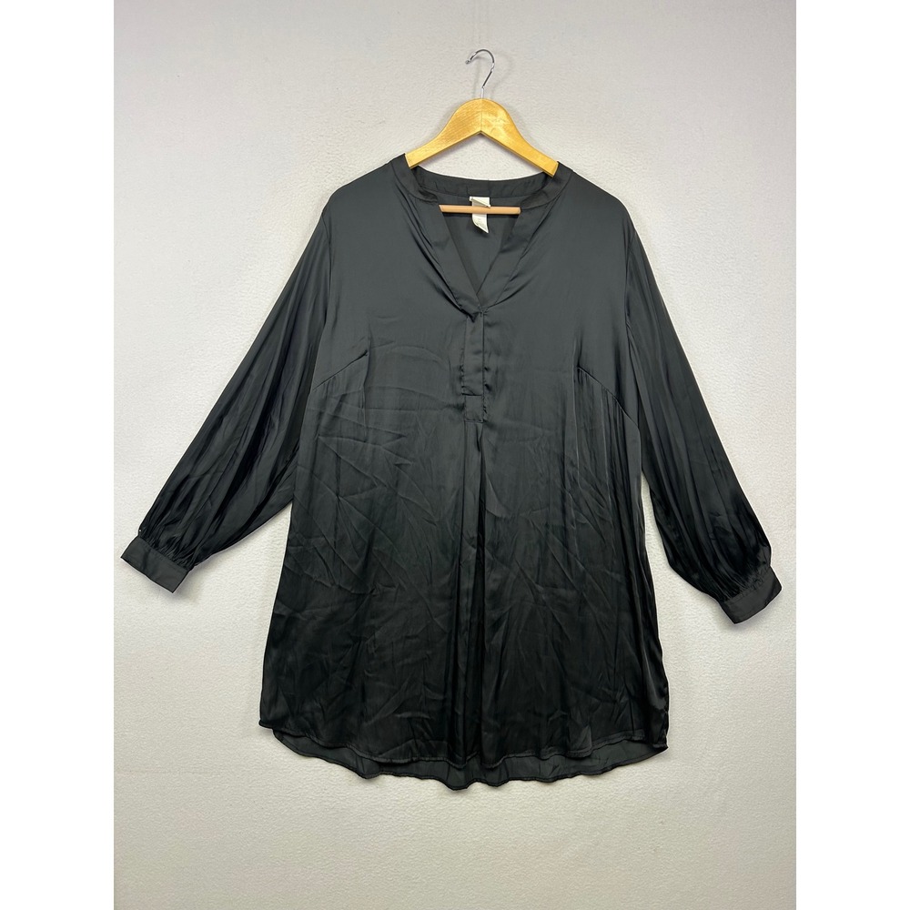 Minimalist H&M Women Large Black Satin Long Sleeve Tunic Blouse Office Elegant